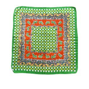Vintage Green & Orange Checkerboard Dog Print Silk Scarf 22-Inch Square With Flo
